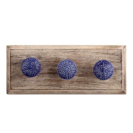 Navy Blue Floral Ceramic Wooden Hook